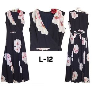 eShaki Maxi Wrap Dress Floral Sheer Overlay Navy blue pink fit & flare L…